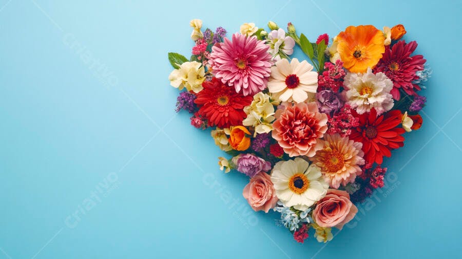 Buquê de flores vibrantes arranjado em formato de coração sobre fundo azul claro
