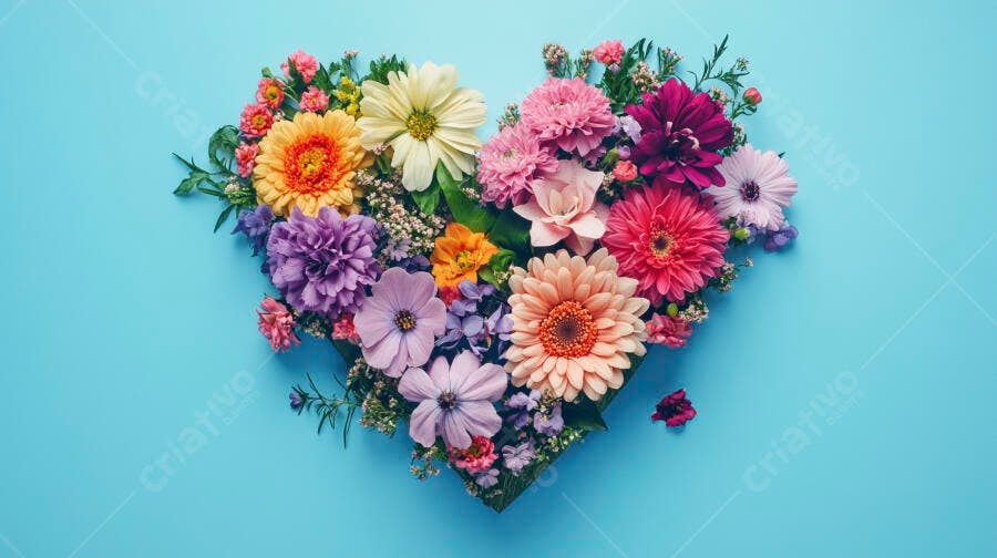 Arranjo floral colorido em formato de coração sobre fundo azul claro
