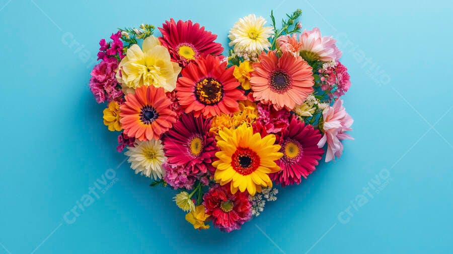 Arranjo de flores coloridas em formato de coração vibrante sobre fundo azul claro