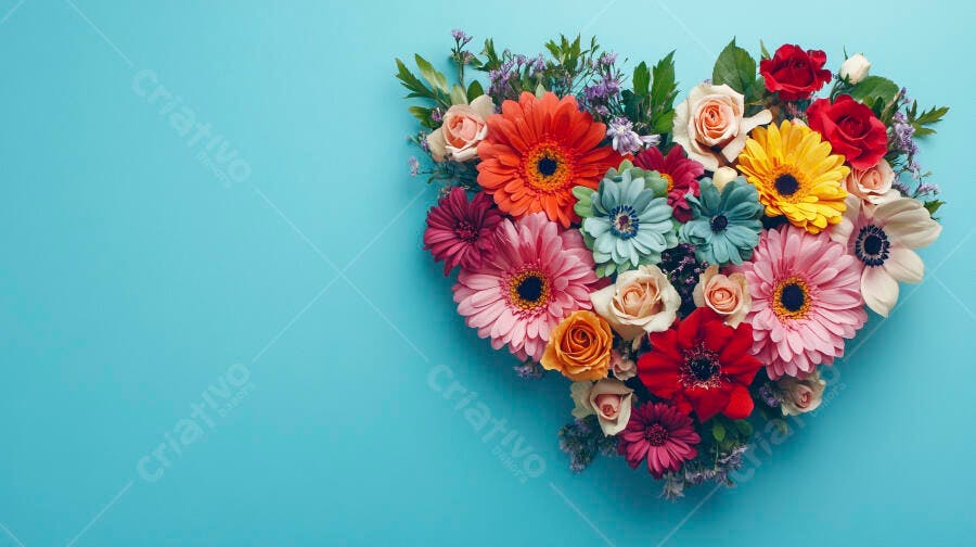 Arranjo floral coração vibrante com gerberas e rosas em fundo azul claro