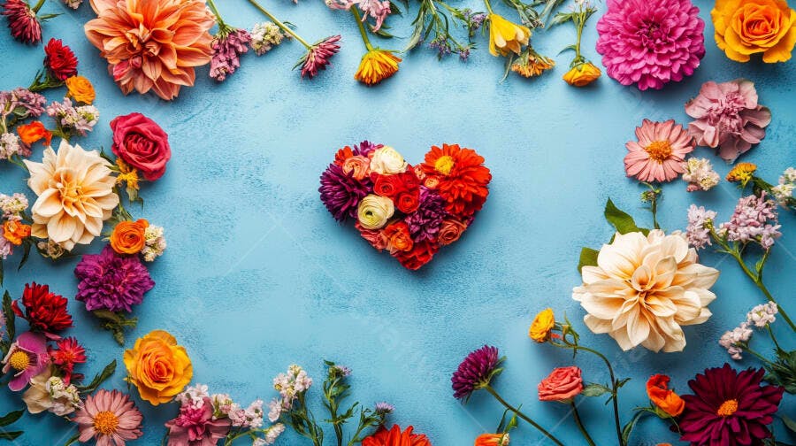 Coração de flores vibrantes sobre fundo azul claro para celebração