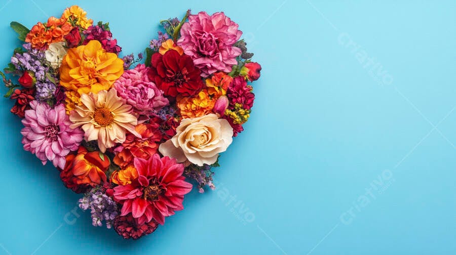 Coração de flores vibrantes coloridas em fundo azul claro