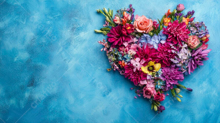 Coração de flores coloridas em fundo azul texturizado