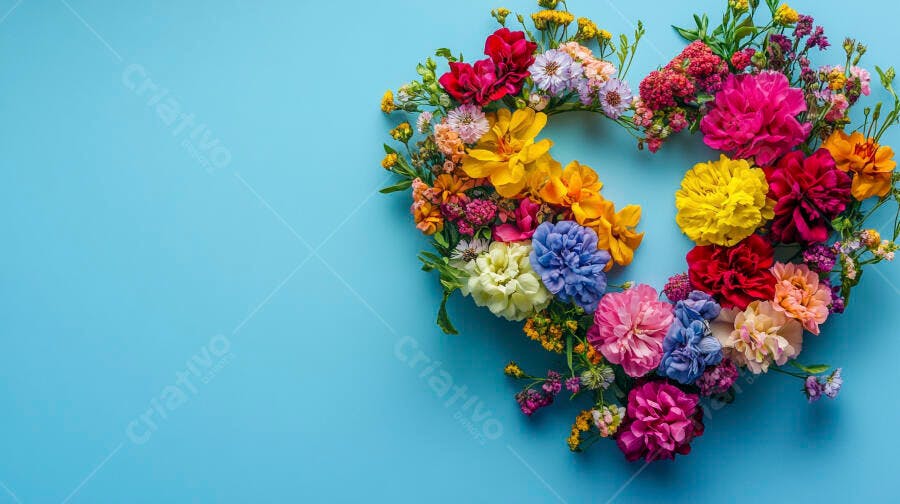 Flores coloridas em formato de coração vibrante fundo azul claro celebração