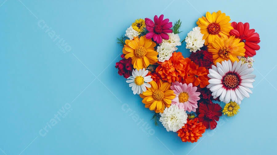 Flores coloridas em formato de coração sobre fundo azul claro