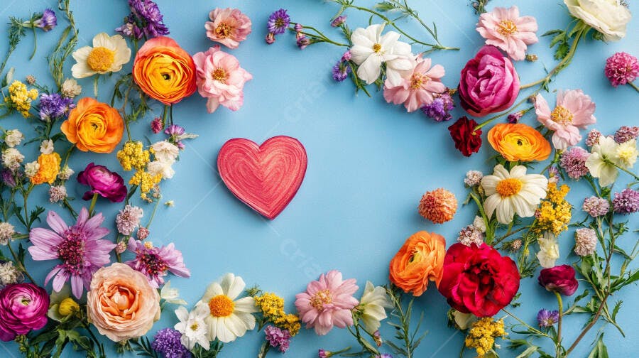 Coração vermelho e flores coloridas da primavera em fundo azul vibrante