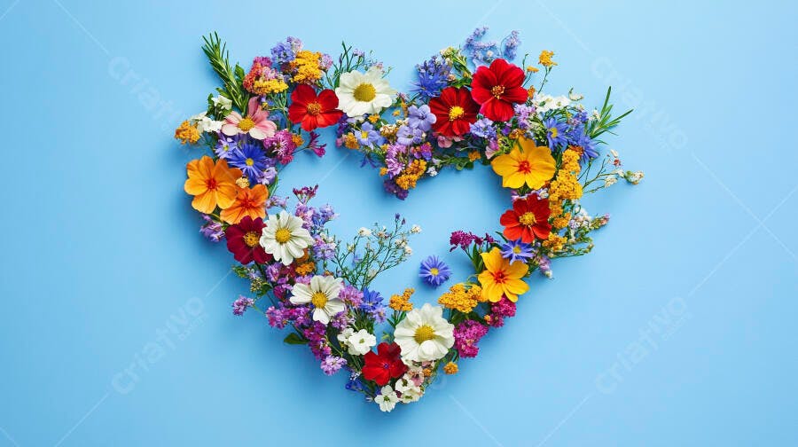 Coração de flores coloridas vibrantes em fundo azul claro
