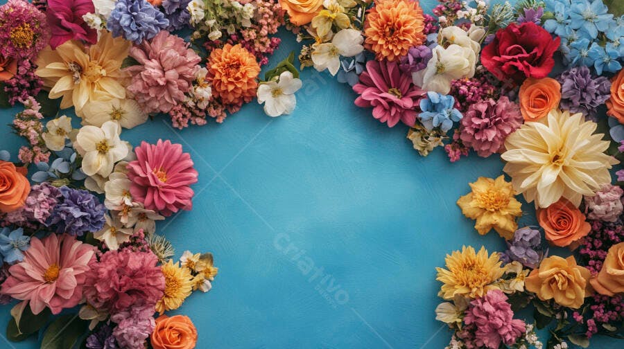 Arranjo de flores coloridas rosas laranjas e azuis vibrantes em fundo azul