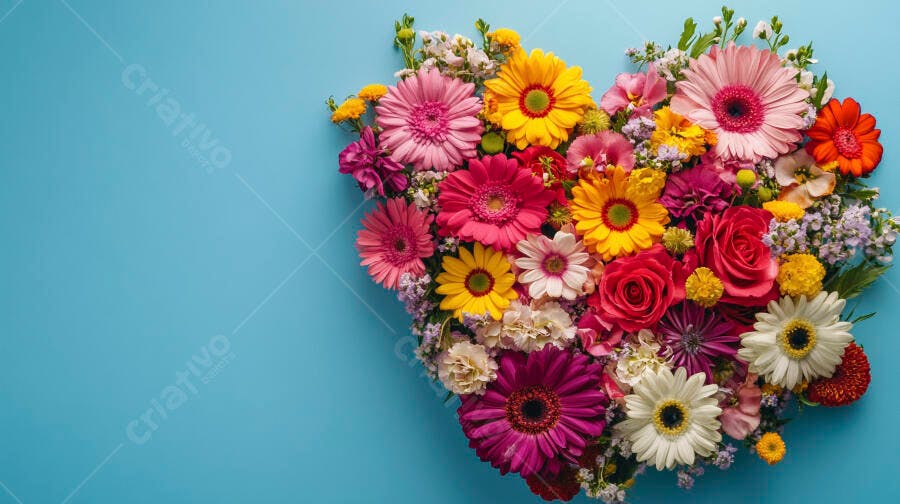 Coração de flores vibrantes gerberas e rosas em fundo azul claro