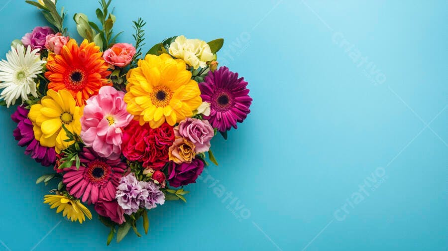 Coração de flores vibrantes diversas em fundo azul claro