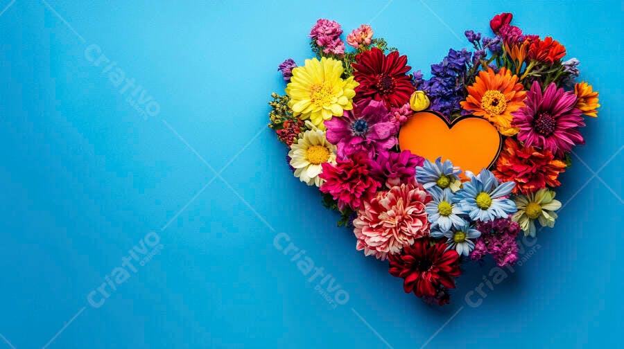 Arranjo floral colorido em formato de coração com centro laranja e fundo azul