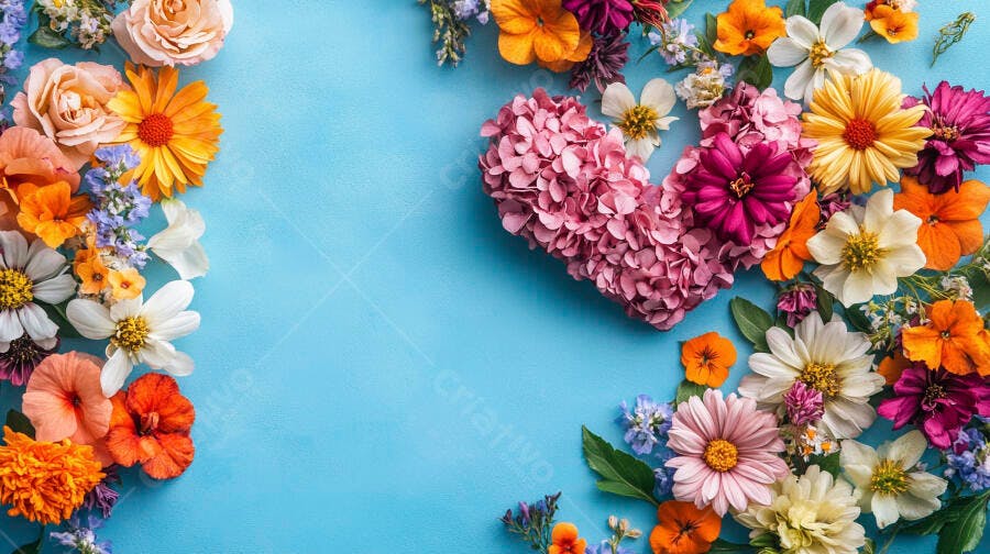 Coração de flores rosa e coloridas em fundo azul claro para amor
