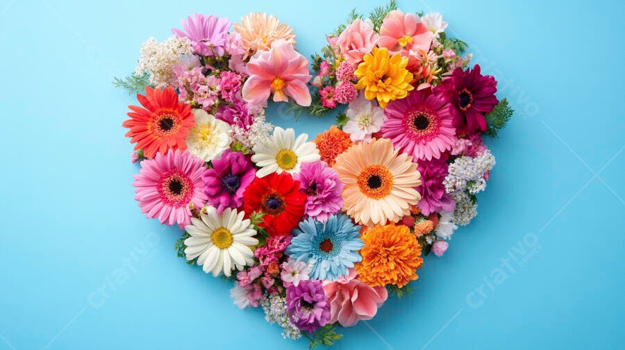 Coração floral vibrante com gerberas e margaridas em fundo azul claro