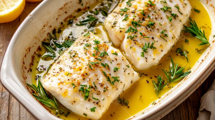 Filés de peixe branco assados com alecrim limão e azeite