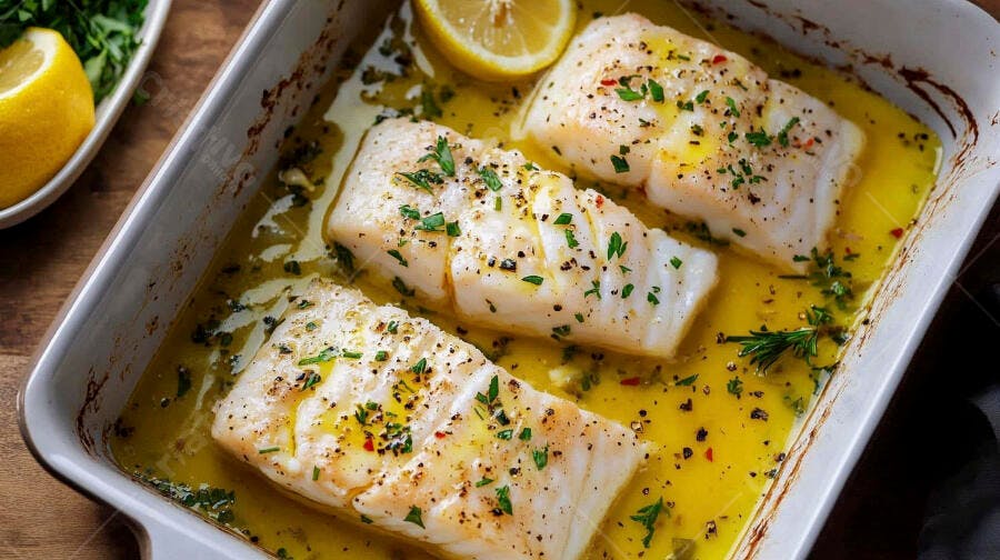 Peixe branco assado com limão manteiga e ervas frescas em assadeira