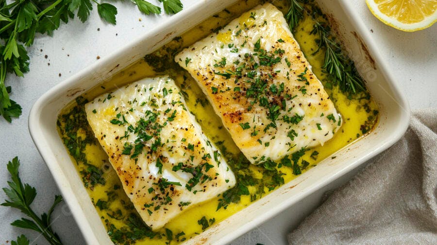 Peixe branco assado em travessa com molho de manteiga ervas e limão
