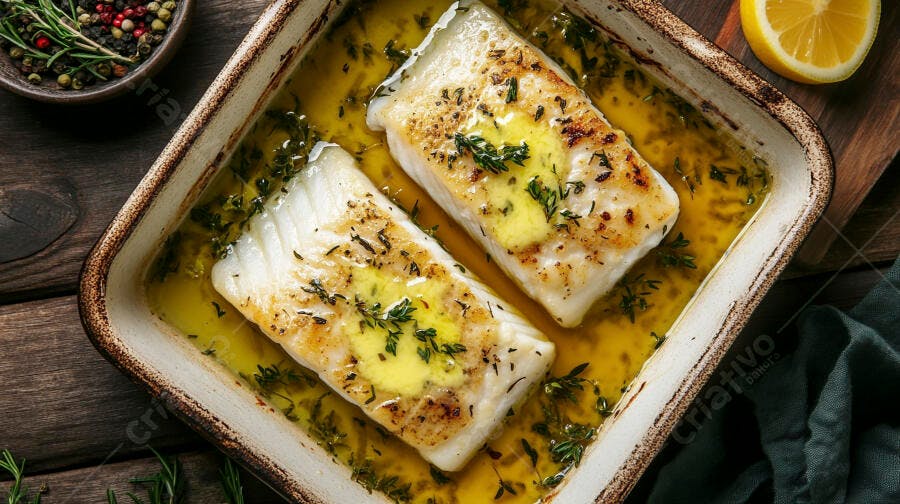 Filés de peixe branco assados com manteiga e tomilho