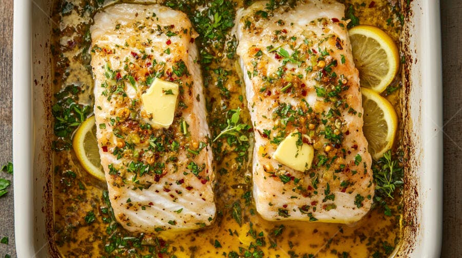 Peixe branco assado com ervas manteiga e limão em assadeira
