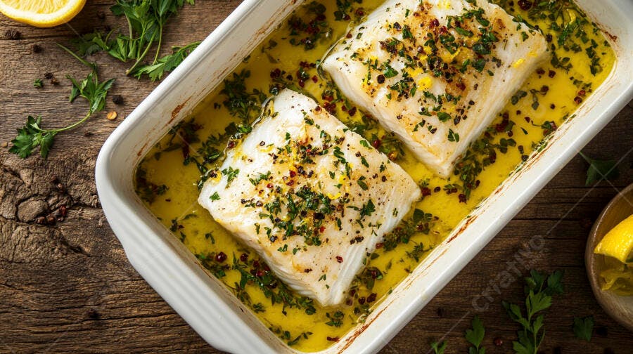 Filés de peixe branco assados em azeite com ervas e limão em travessa branca