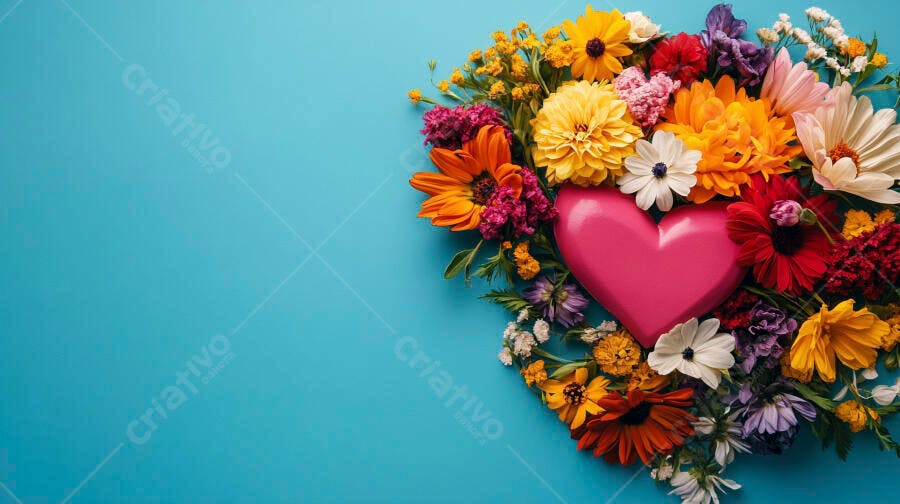 Coração rosa com buquê de flores coloridas em fundo azul
