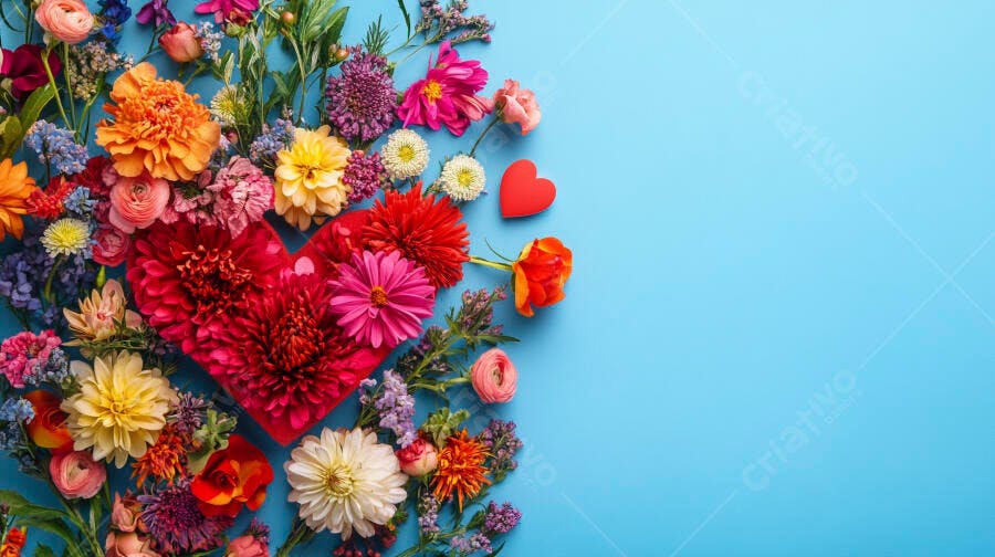 Arranjo floral colorido em formato de coração em fundo azul para Dia dos Namorados