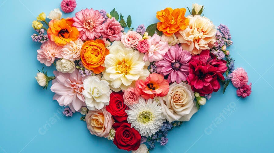 Arranjo floral coração com rosas e dálias coloridas em fundo azul claro