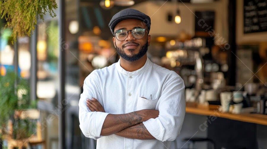 Homem negro barista sorridente com boné e óculos em cafeteria