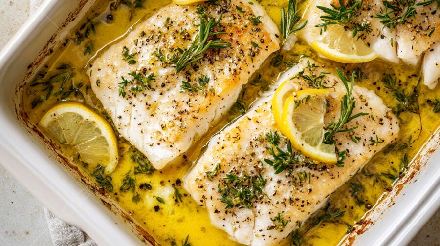 Filés de peixe branco assados com limão alecrim e tomilho em molho de manteiga