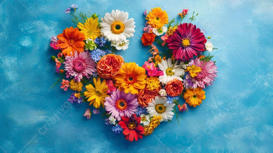 Coração de flores vibrantes em fundo azul texturizado