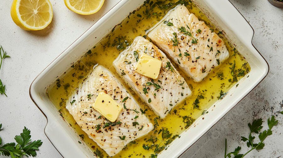Peixe branco assado com manteiga e limão em travessa