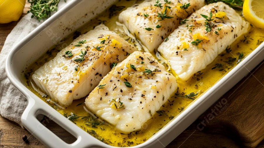 Filés de peixe branco assados com limão e ervas frescas em travessa