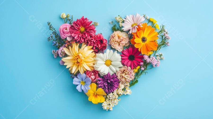Coração de flores coloridas sobre fundo azul claro para celebração