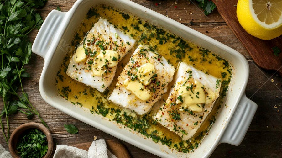 Peixe branco assado com manteiga e ervas frescas em travessa de cerâmica
