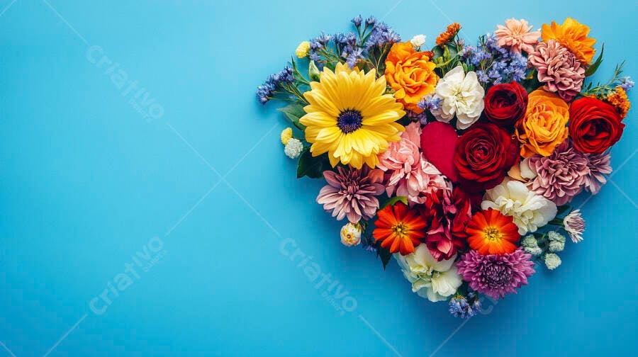 Arranjo de flores coloridas em formato de coração em fundo azul vibrante