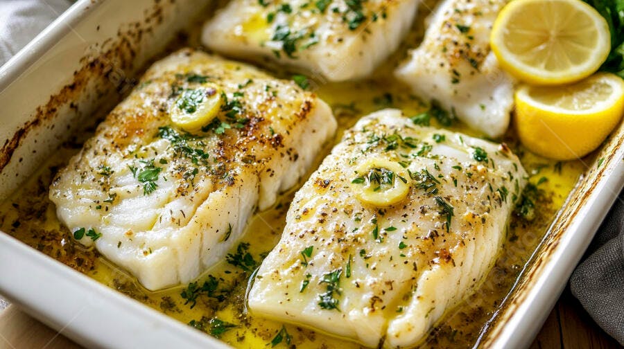 Filés de peixe branco assados com limão e ervas