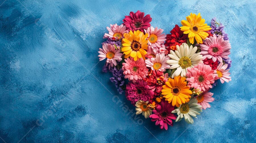 Arranjo de flores coloridas em formato de coração sobre fundo azul