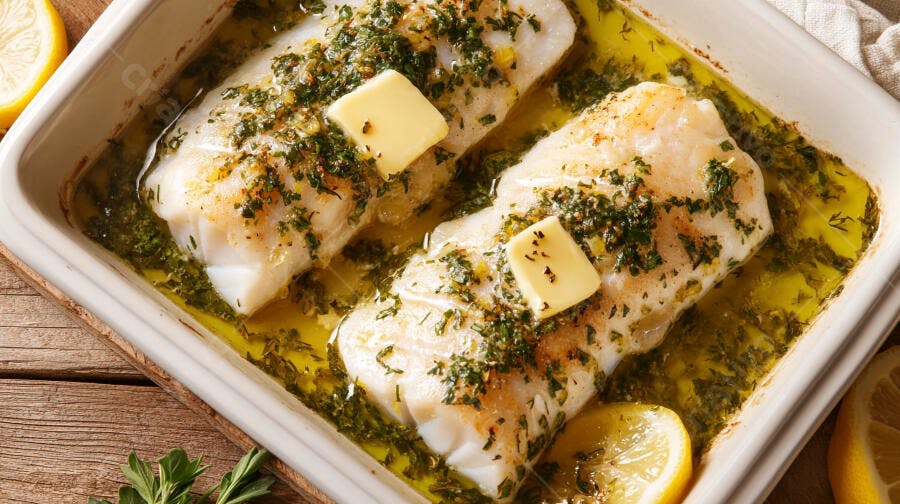 Filés de peixe branco assado com ervas manteiga e limão no refratário