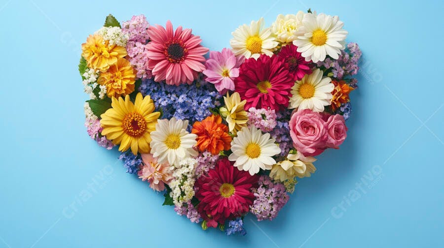 Arranjo de flores coloridas em formato de coração sobre fundo azul