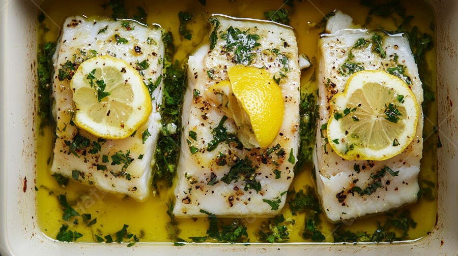 Peixe branco assado com azeite limão e salsa em travessa