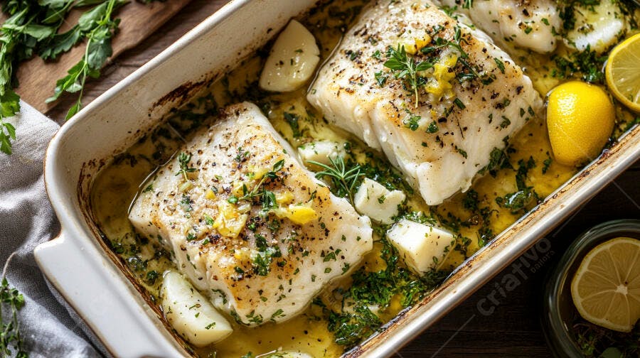 Peixe branco assado com ervas frescas e limão em travessa