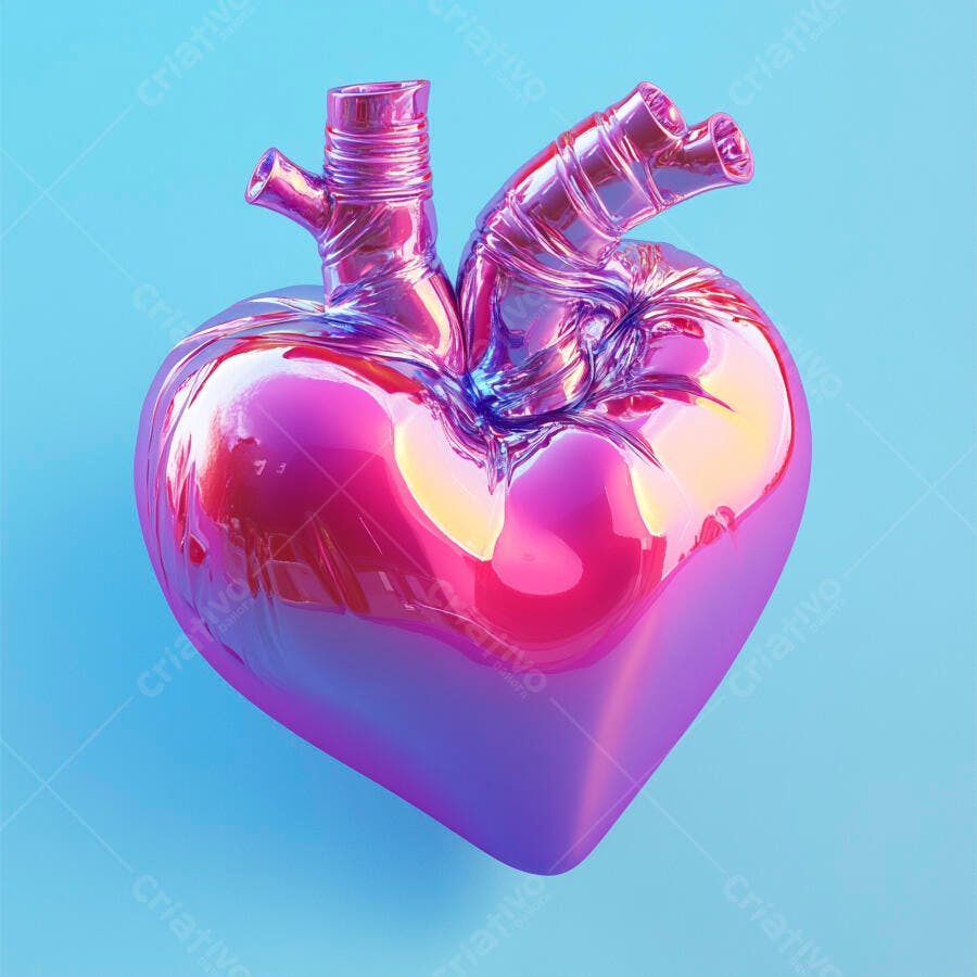 Coração anatômico 3D brilhante rosa e roxo em fundo azul moderno