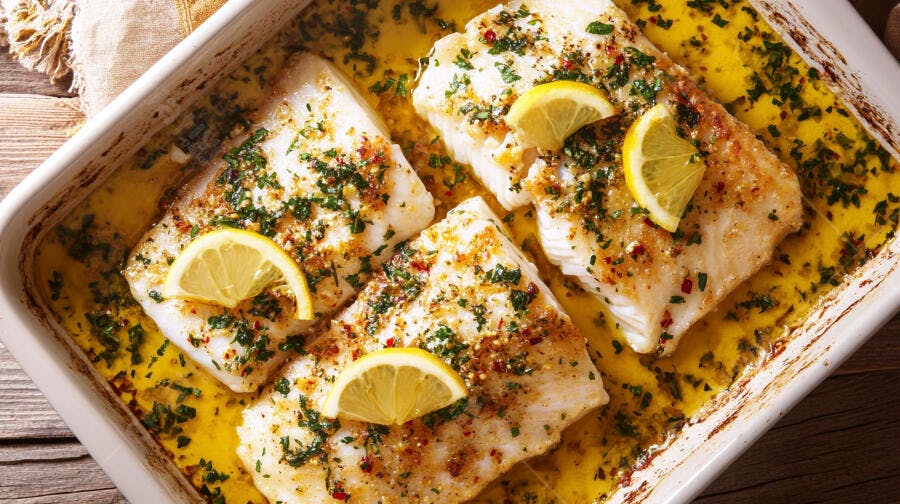 Filés de peixe branco assados com limão e ervas frescas em travessa