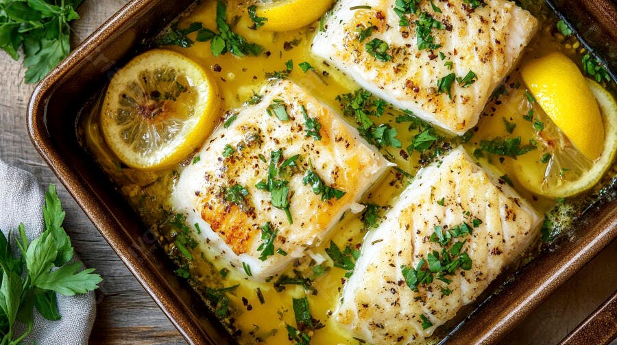 Peixe branco assado com limão e ervas frescas em molho dourado