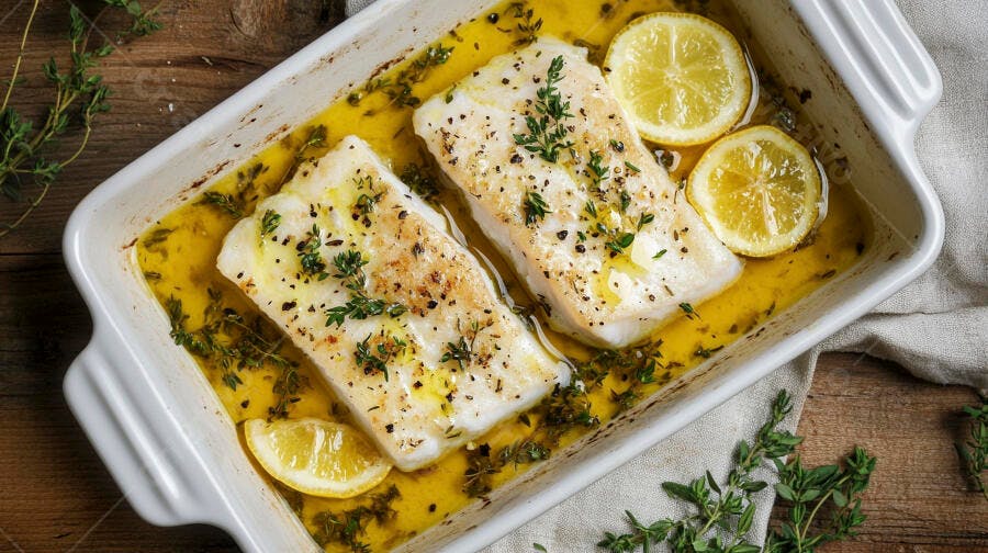 Peixe branco assado com limão e tomilho em molho de manteiga
