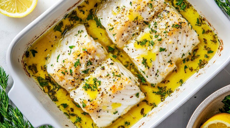 Filés de peixe branco assados com manteiga limão e ervas frescas