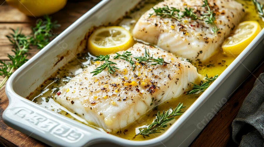 Filés de peixe branco assados com limão e alecrim em travessa cinza