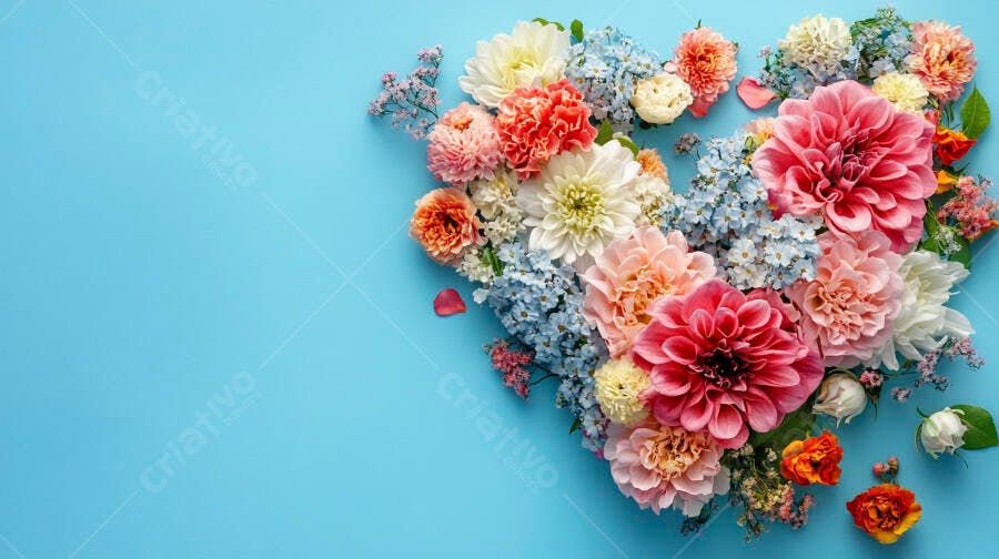 Arranjo floral coração com dalias rosas beges e azuis em fundo azul claro