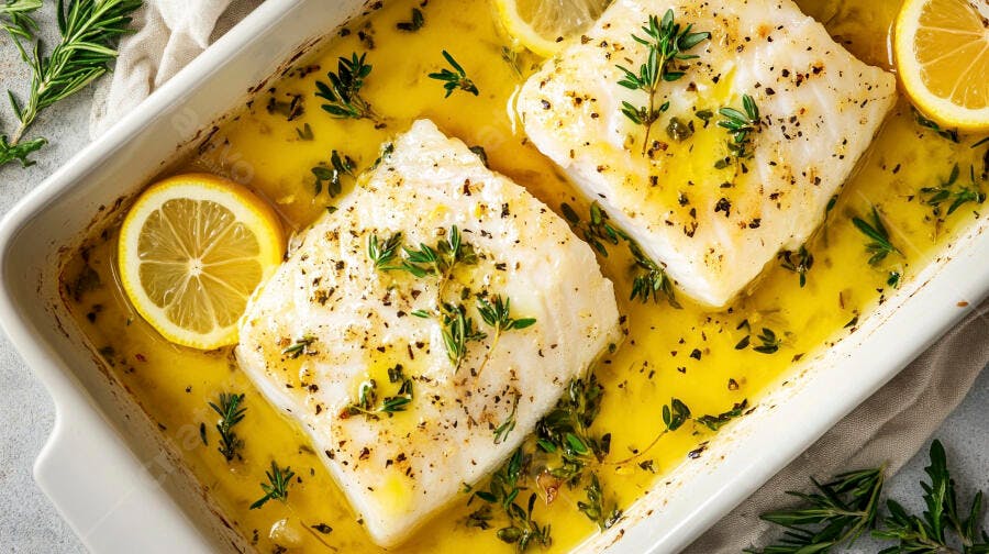 Peixe branco assado com limão e ervas frescas em travessa branca