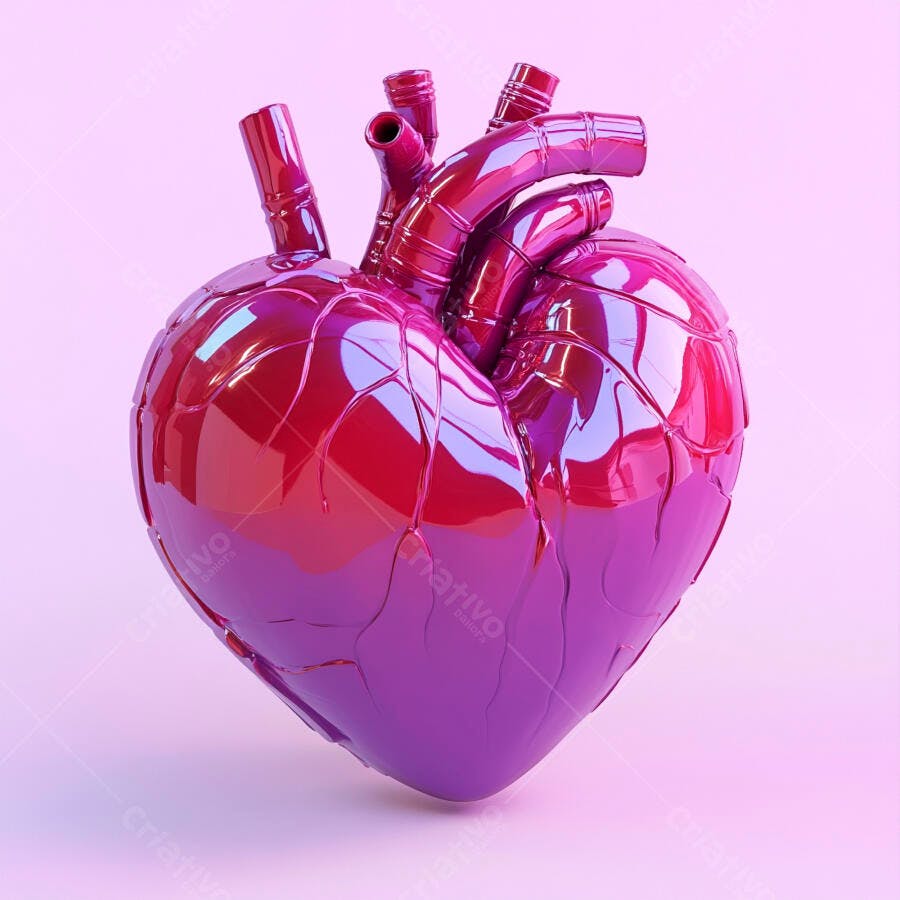Coração anatômico 3D brilhante vermelho e roxo vibrante