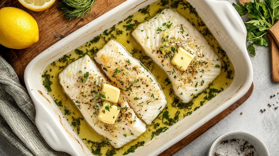 Filés de peixe branco assados com manteiga ervas frescas e limão na assadeira